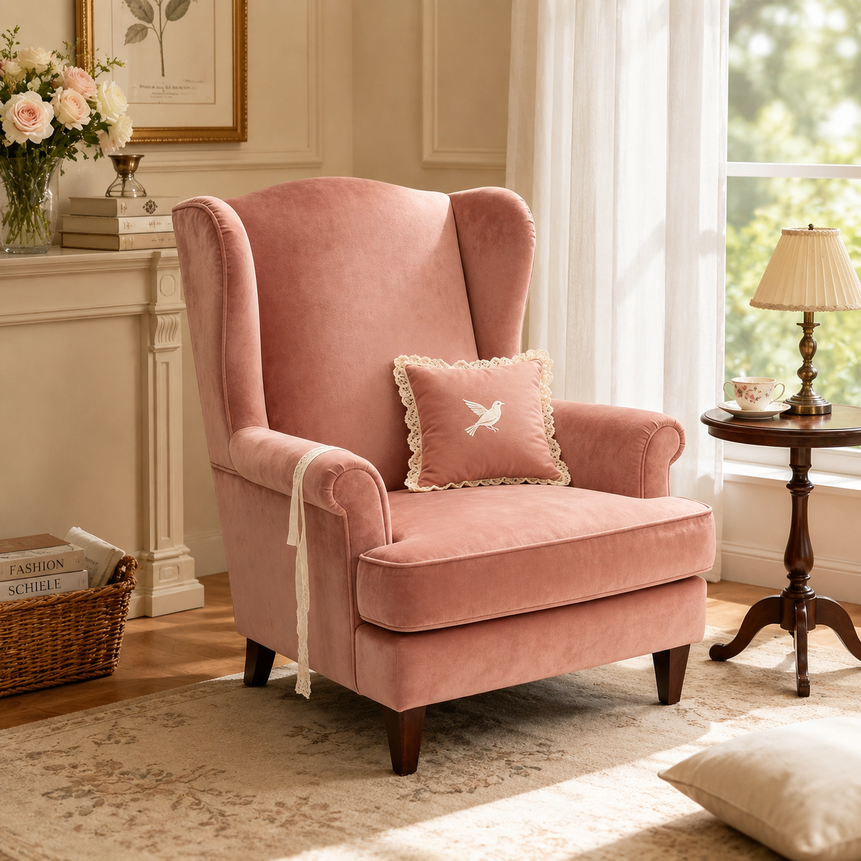 Rose Pink Wingback Velvet Armchair