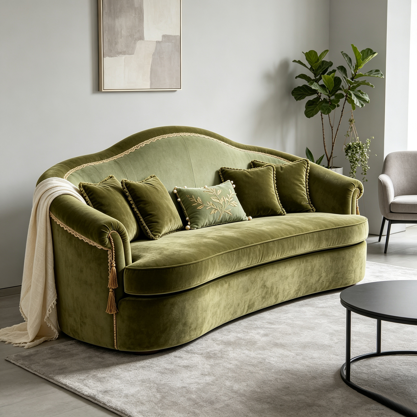 Olive Velvet Retro Three-Seater Sofa