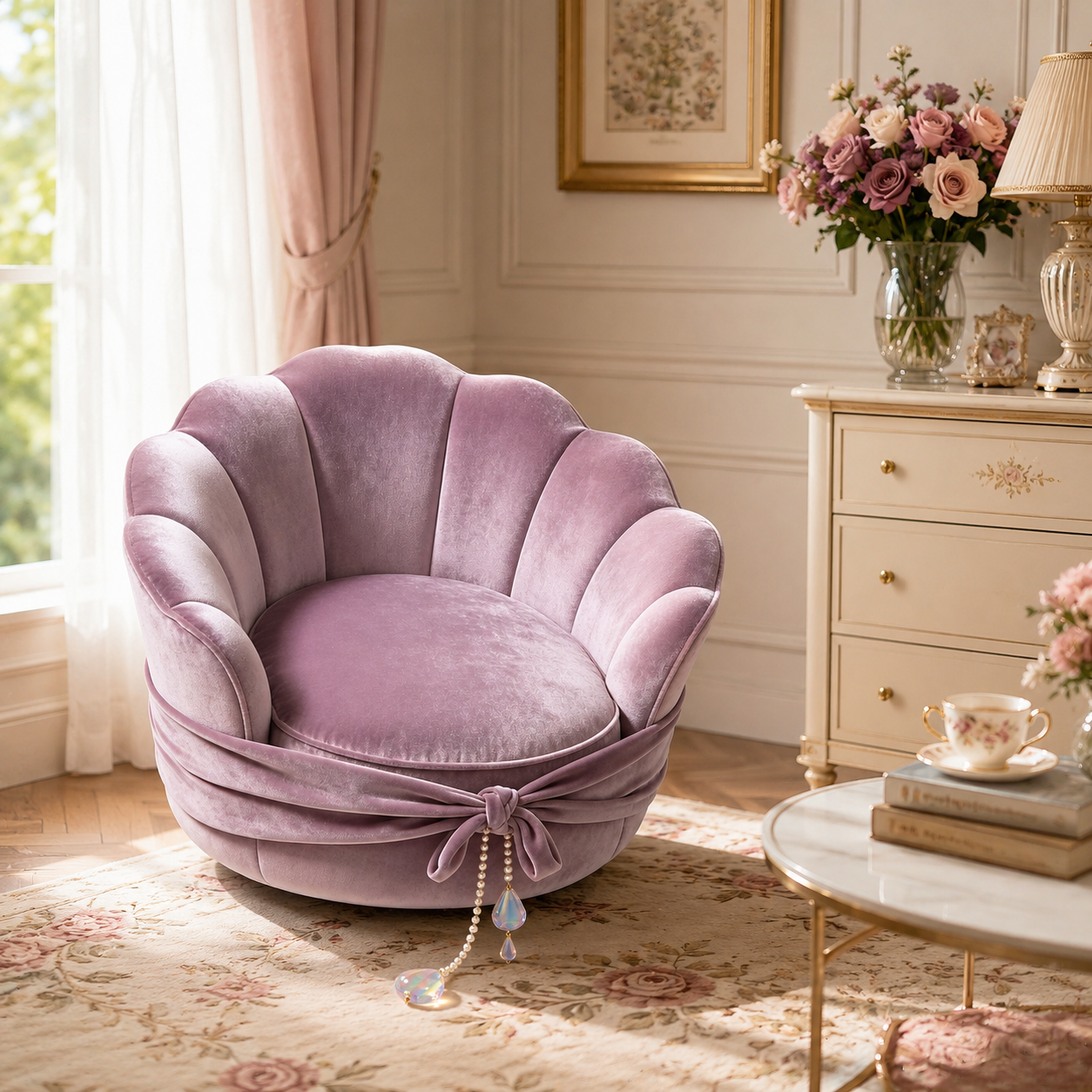 Lavender Velvet Shell Pearl Bow Chair