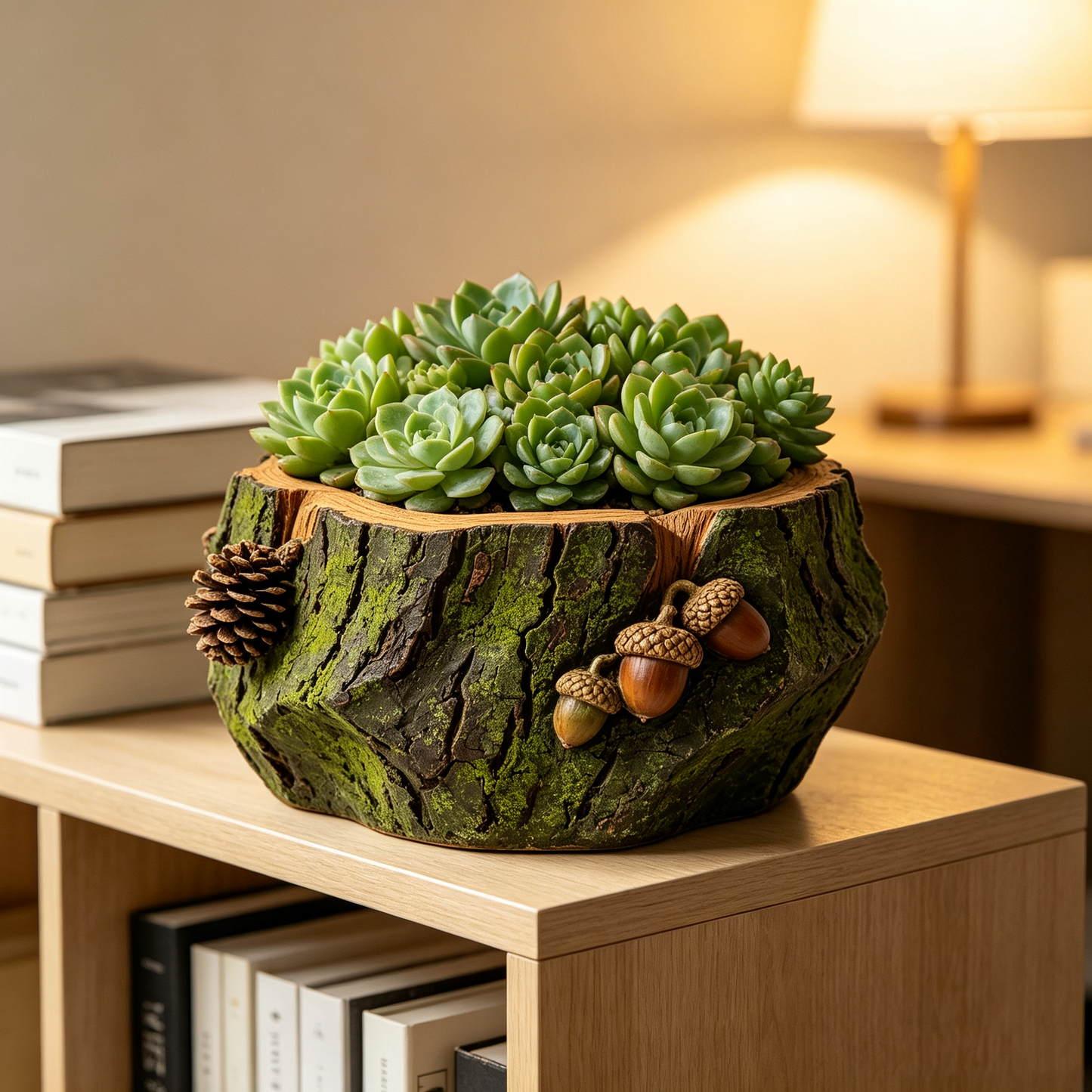 Tree Stump Moss Pinecone Planter