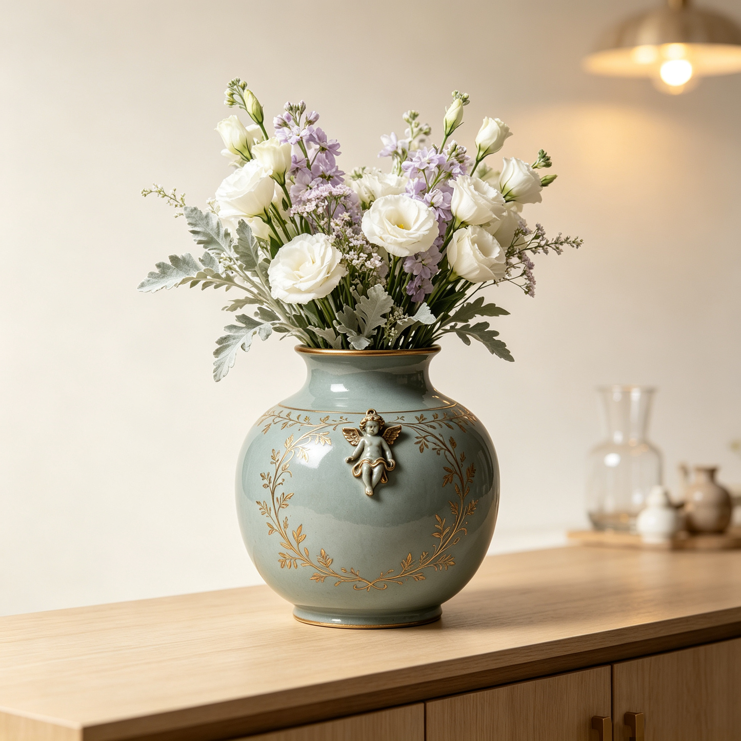 Celadon Cherub Gold Floral Planter