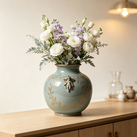 Celadon Cherub Gold Floral Planter