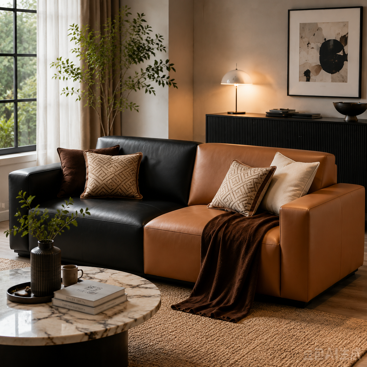 Black Brown Two-Tone Leather Sofa