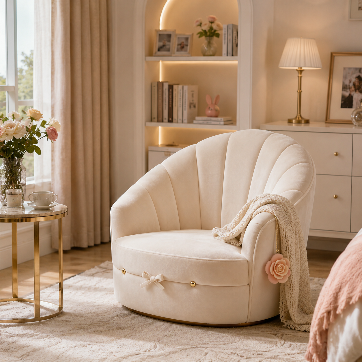 Ivory Velvet Fan Tufted Rose Charm Chair