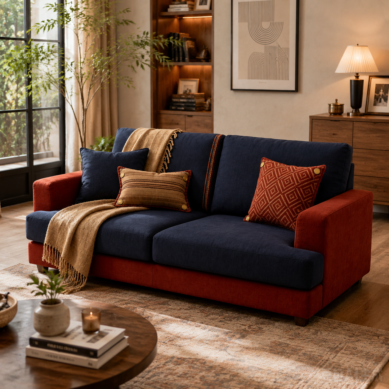 Navy Brick Red Contrast Fabric Sofa