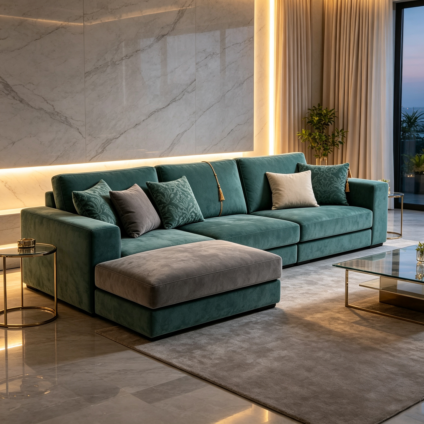 Teal Velvet Modular Sofa with Ottoman