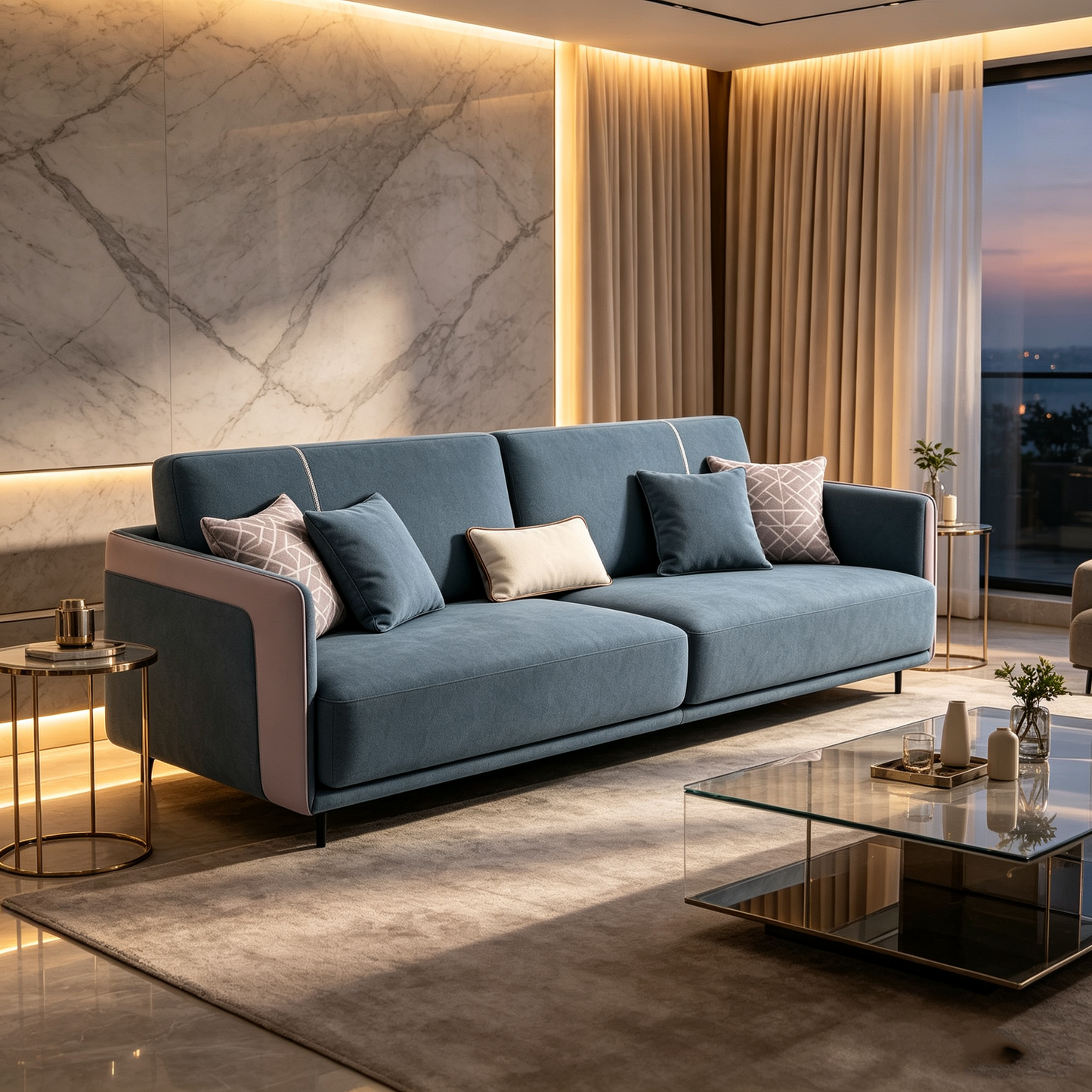 Mist Blue Fabric Sofa with Grey Trim