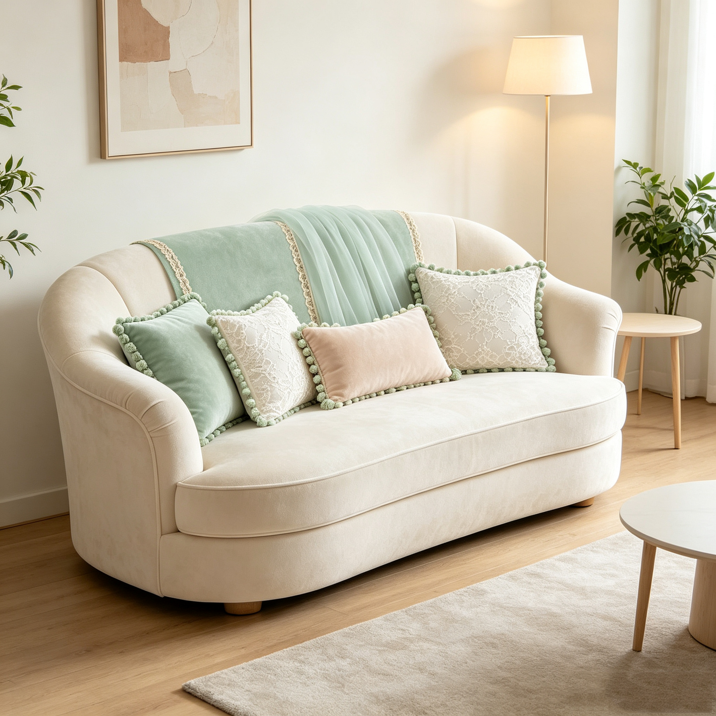 Cream Velvet Loveseat with Mint Lace