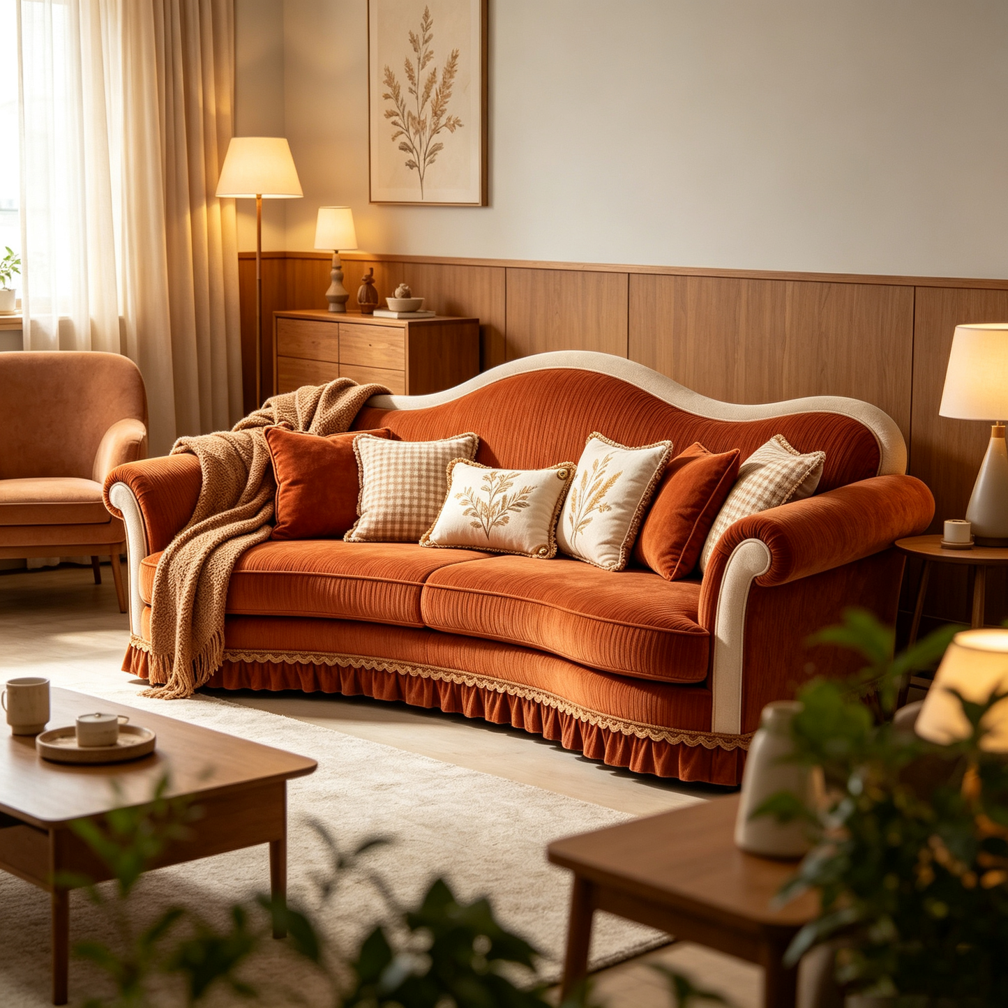 Burnt Orange Corduroy Retro Sofa