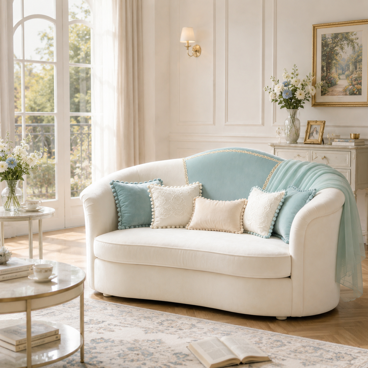 Ivory Velvet Loveseat with Mint Lace Trim