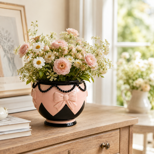 Pink Black Bow Bead Chain Planter