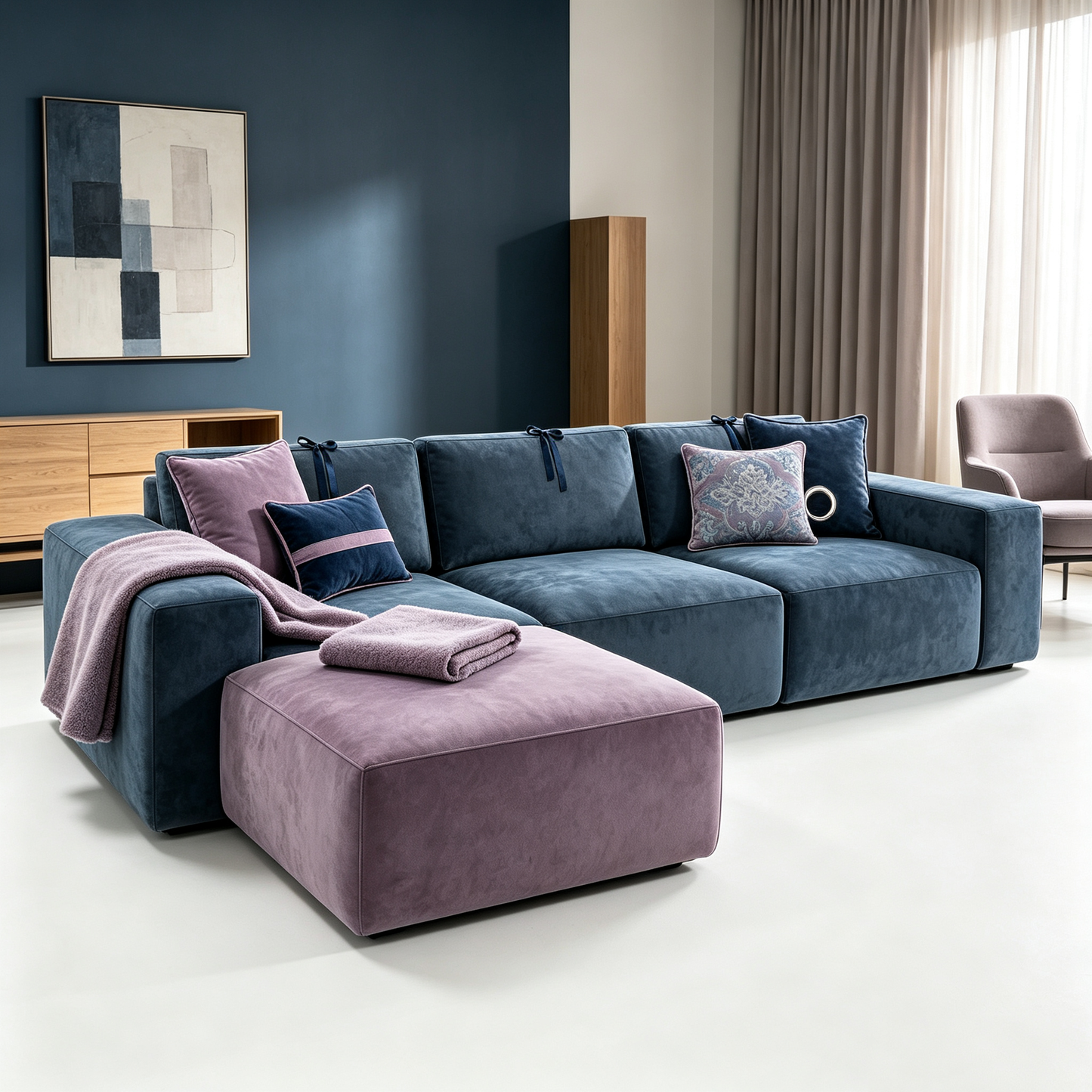 Mist Blue Modular Sofa with Lilac Ottoman