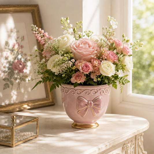 Blush Pink Gold Bow Ceramic Planter