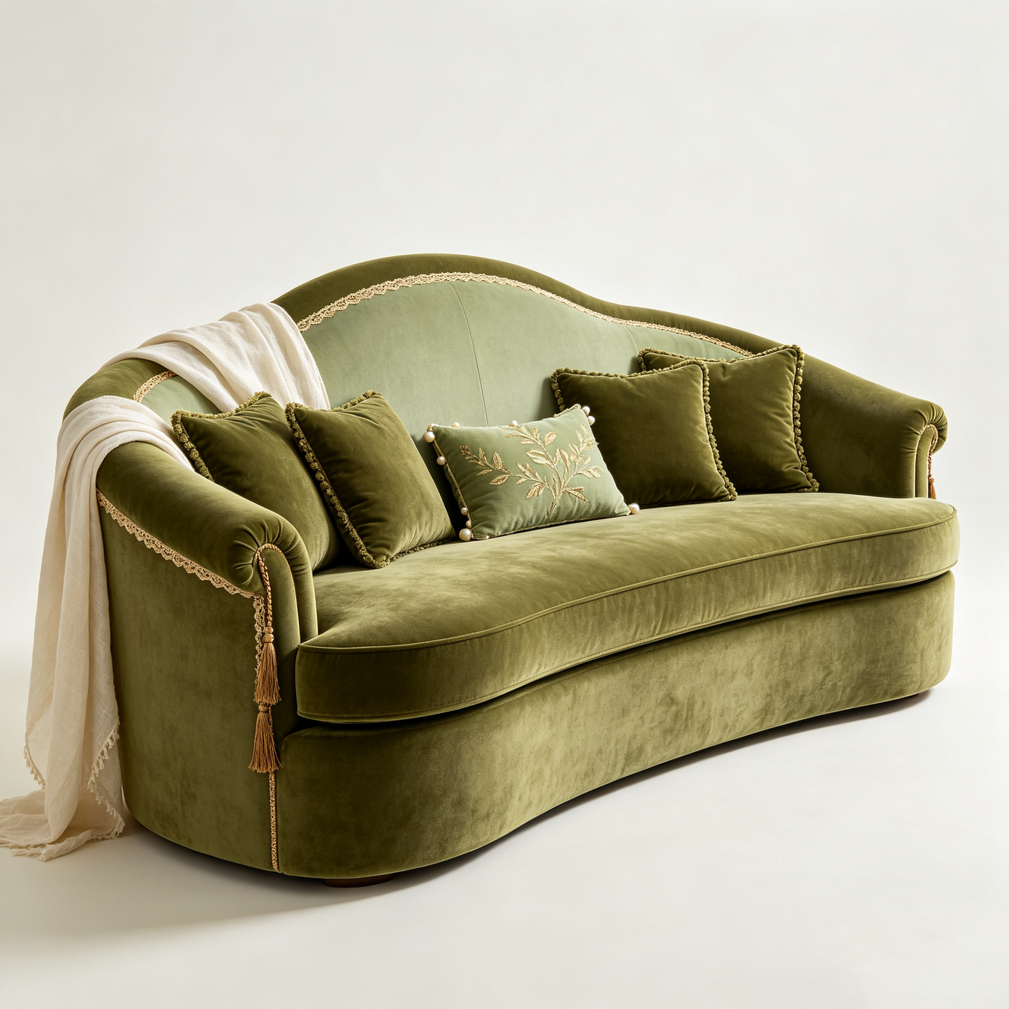 Olive Velvet Retro Three-Seater Sofa