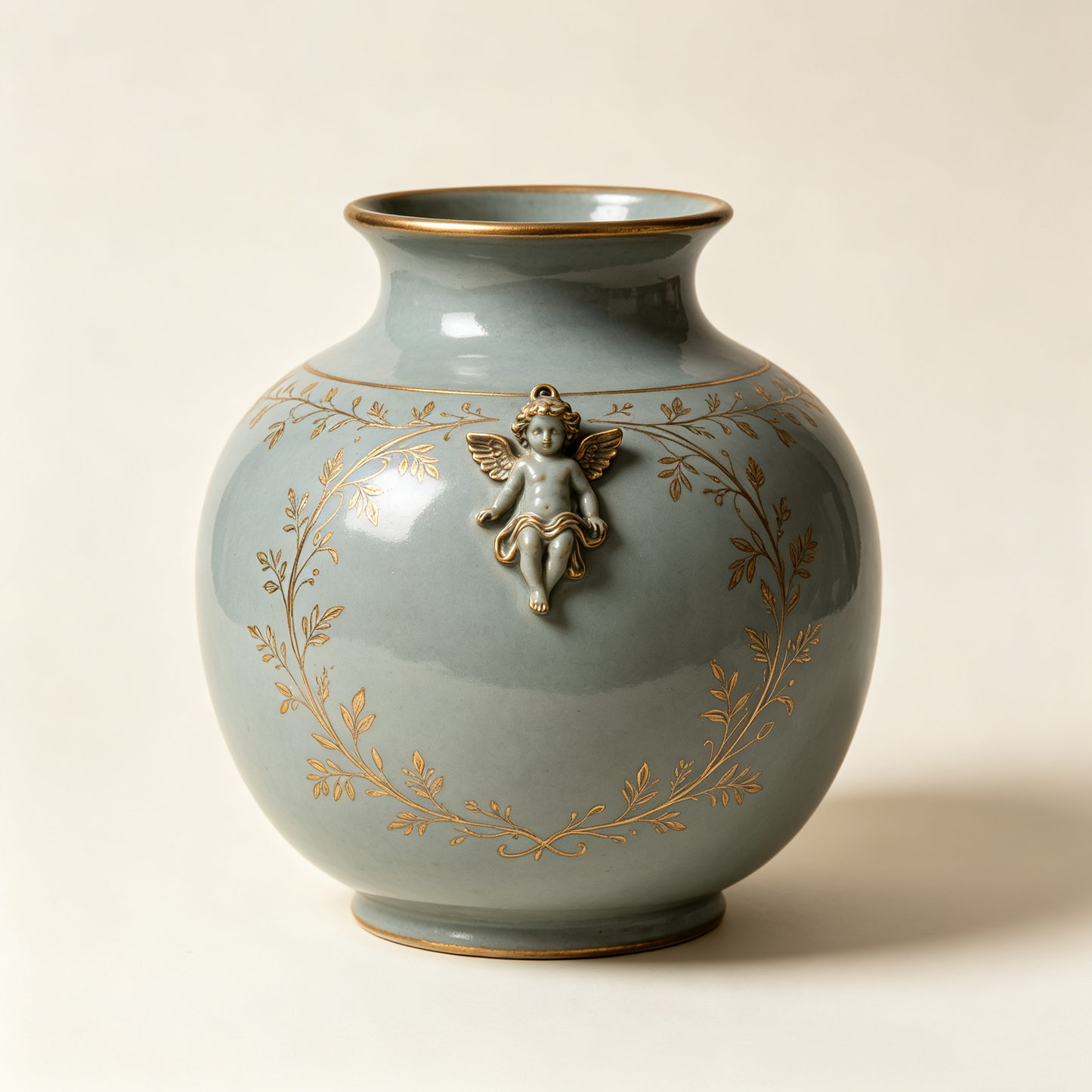 Celadon Cherub Gold Floral Planter