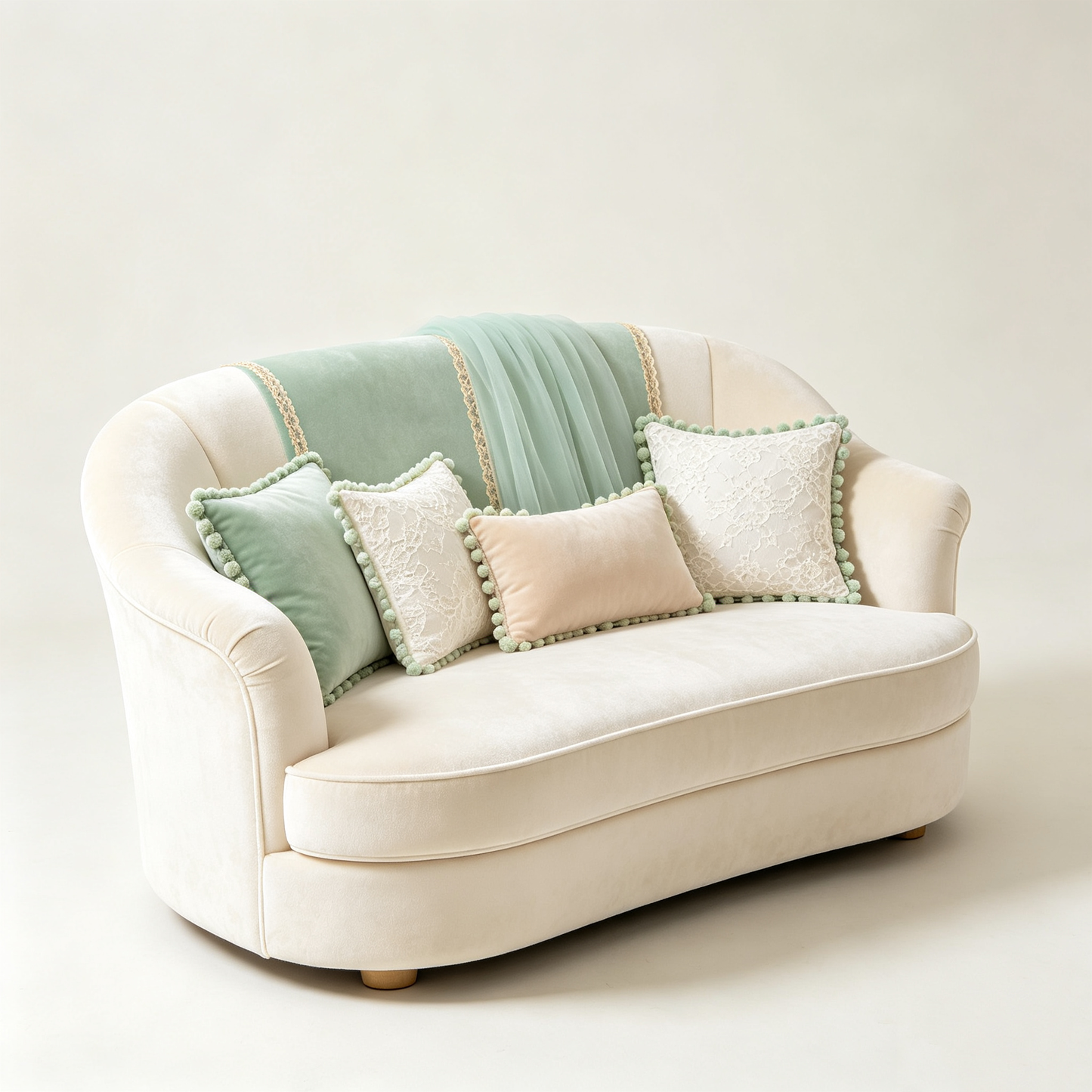 Cream Velvet Loveseat with Mint Lace