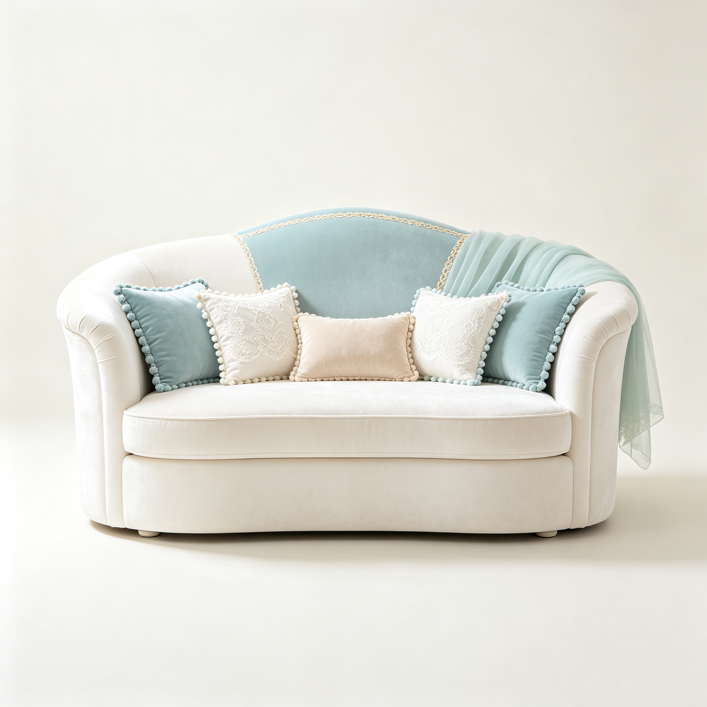 Ivory Velvet Loveseat with Mint Lace Trim