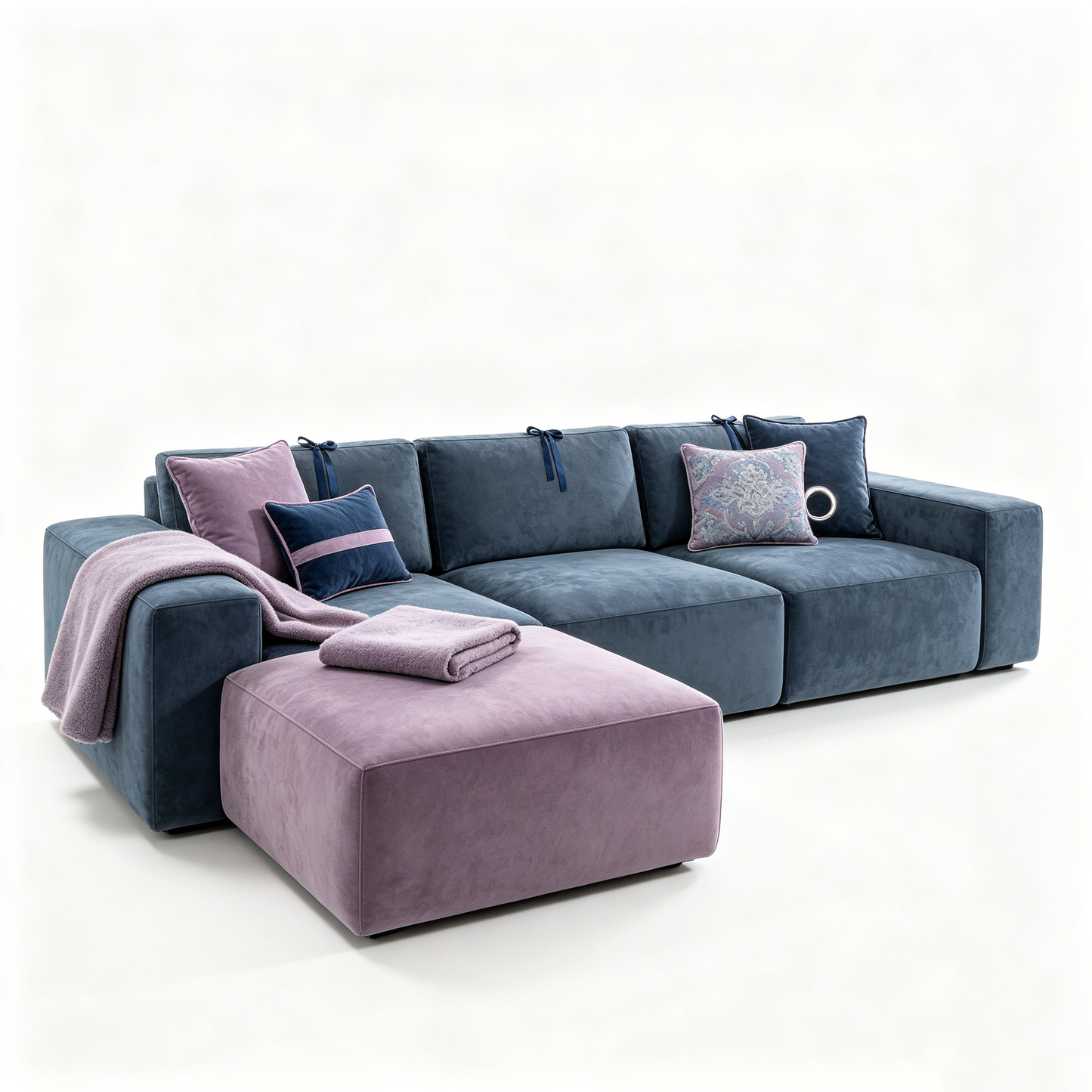 Mist Blue Modular Sofa with Lilac Ottoman